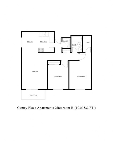 Floor plan for 2 beds, 1 bath, 1035 sqft
